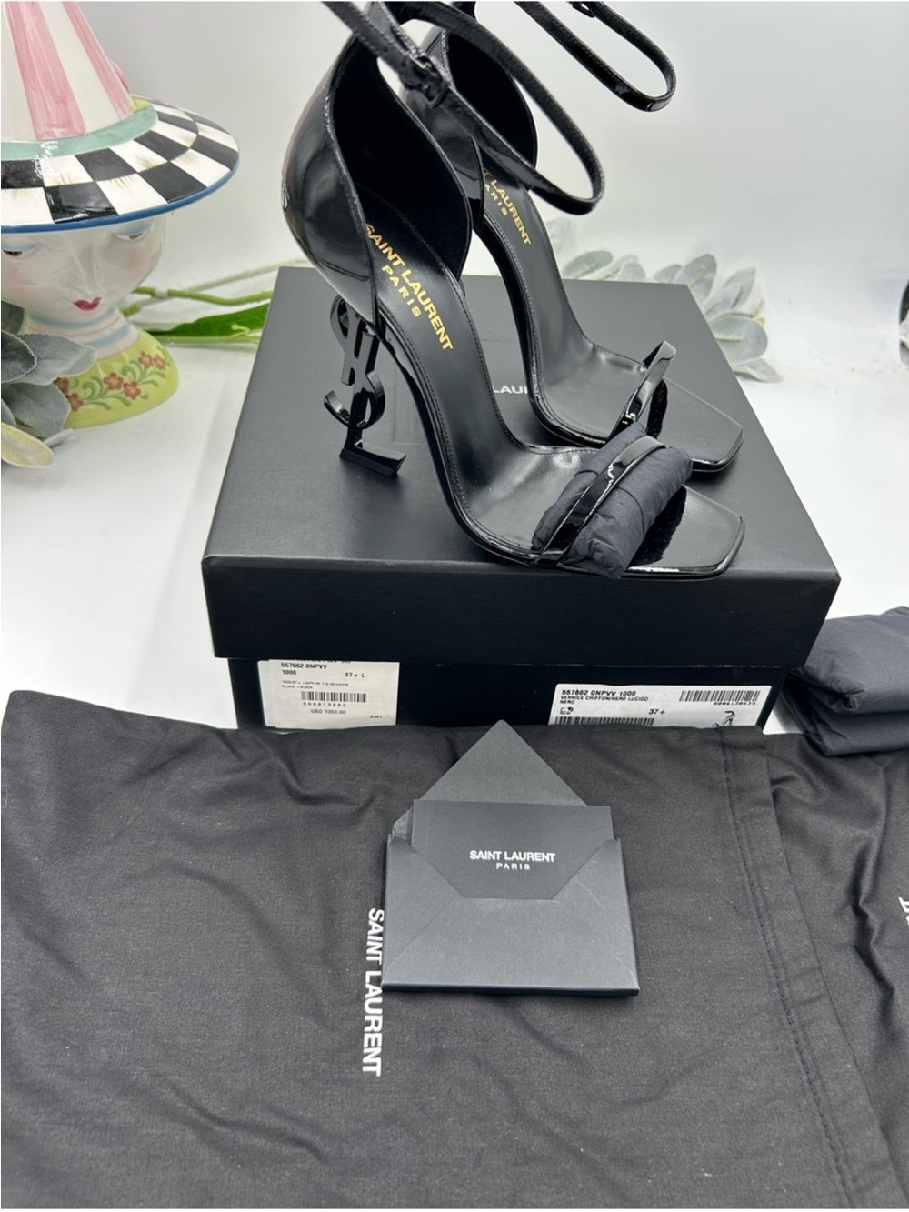 Saint Laurent YSL  Black Patent  Opyum Logo-Heel Ankle-Strap Sandals. Size 37.5 - Picture 2 of 10
